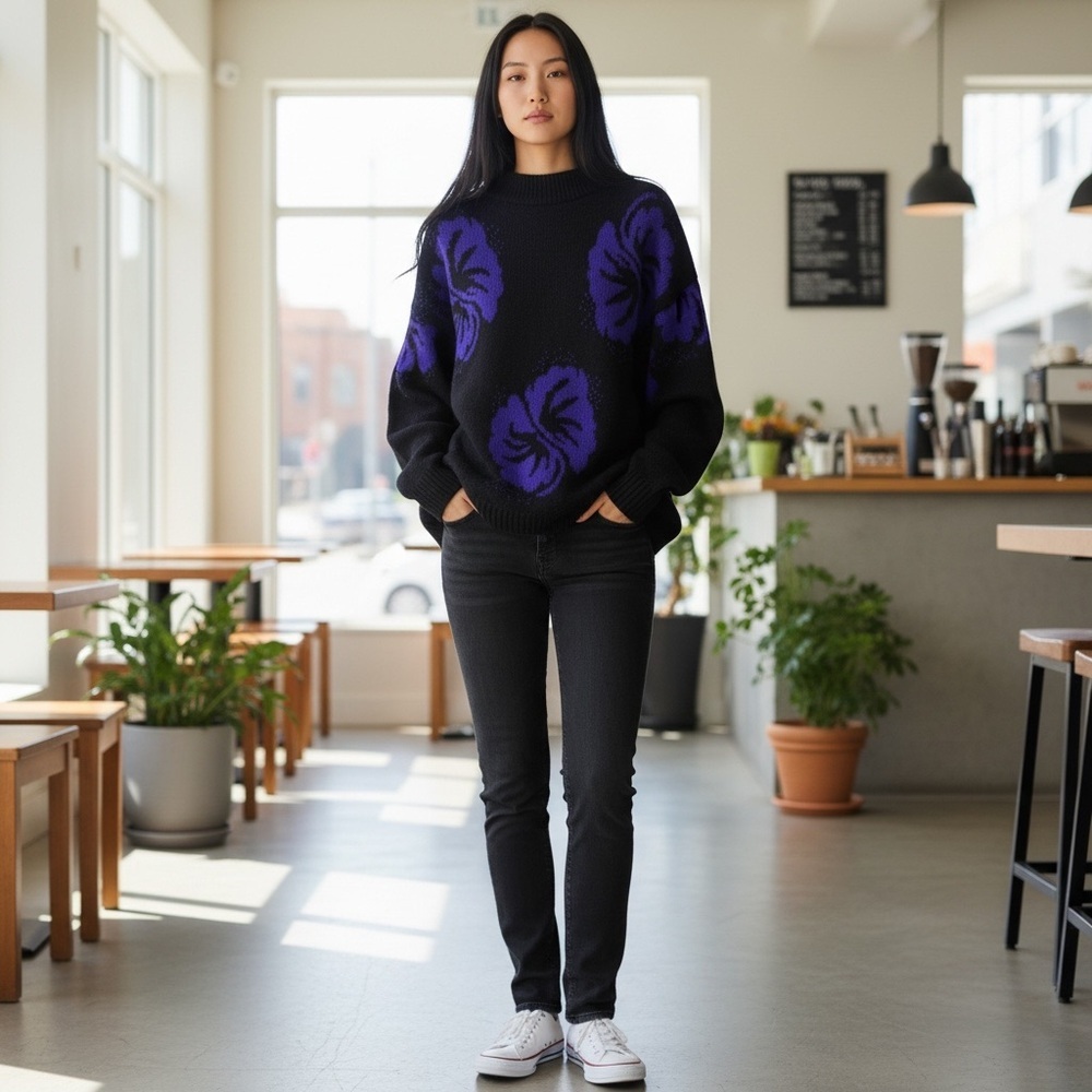 Vintage Tamaron Black and Purple Crew Neck Sweater